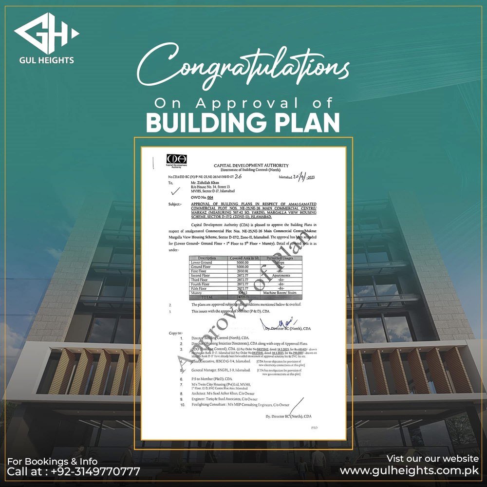 Capital Development Authority letter approving the Gul Heights building plans, dated 20 September 2023